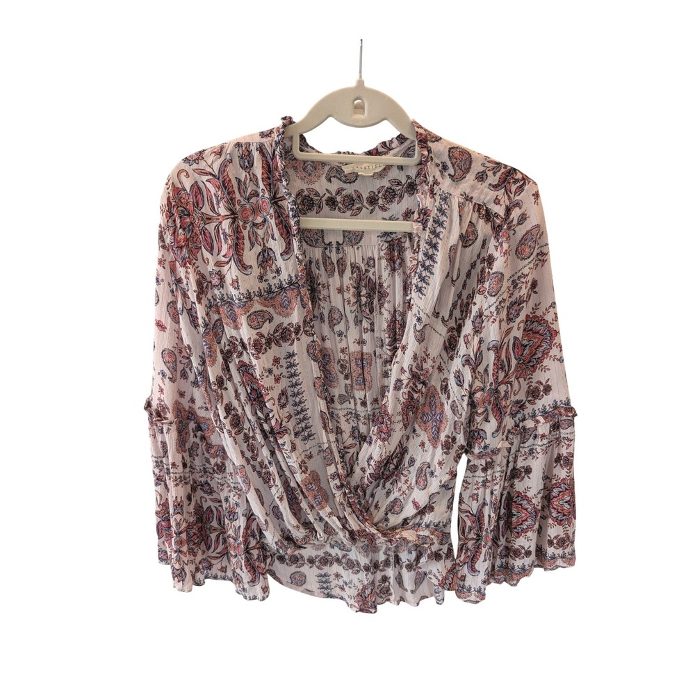 Lovestitch Paisley Metallic Surplice Top Pink Blue Bell Sleeve Small Lagenlook